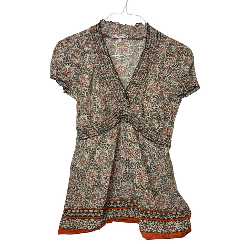 6 Degrees Blouse Large Brown Orange Geometric Medallion Boho Smocked Empire Top